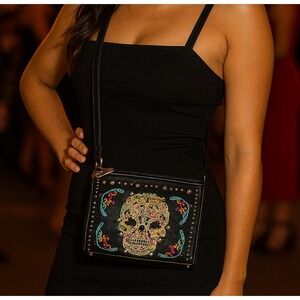 Montana West Purse Sugar Skull Embroidered Crossbody Bag Day of the Dead Black